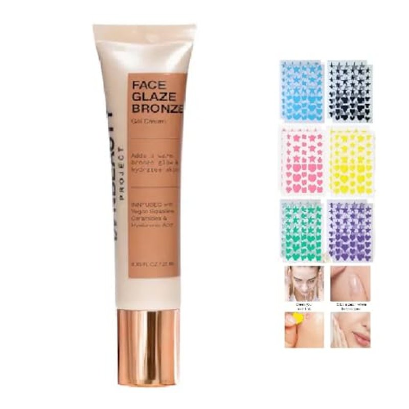 iNNBEAUTY PROJECT Bronze Face Glaze Gel Cream with Squalane, Ceramides & Hyaluronic Acid (0.85 oz / 25 ml) + Bonus Acne Patch (36 Pieces)