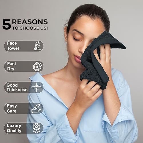 GOLD TEXTILES 100% Cotton Washcloth - 12 Pack | 13x13 inches | Grey - Ultra Soft, Highly Absorbent, Long Lasting and Quick Drying - Hotel & Spa Collection Cool Feel Fingertip Towels (12, Grey)