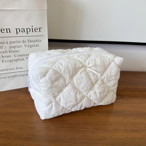 Cotton Quilted Makeup Bag Coquette Accessories Make up Bag Organizer Cute Floral Cosmetic Pouch Travel Makeup Bag for Women,Embroidery White