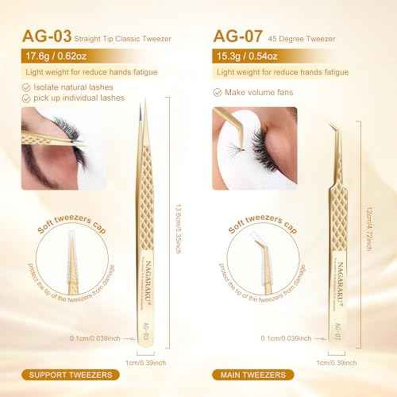 NAGARAKU 1 Pair Precision Fiber Tip Tweezer for Eyelash Extensions Professional Eyelash Tweezers Antistatic Straight & Curved Tip Tweezers with Box(Isolation & Volume Lash Tweezers AG-03 & AG-07)