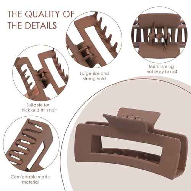 8 Pcs Large Hair Claw Clips 4.1 Inch Non-slip Big Square Matte Hair Claws for Women, Strong Hold Banana Clip for Thick Thin Hair(Grey/Khaki/Black)