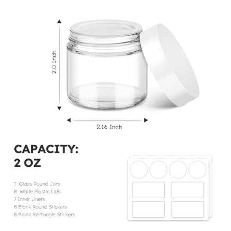 2 oz Glass Jars with Lids, Bumobum 7 pack Clear Small Jar with White Lids, Blank Labels & Inner Liners, 60 ml Empty Round Cosmetic Containers for Sample, Powder, Cream, Lotion, Spice