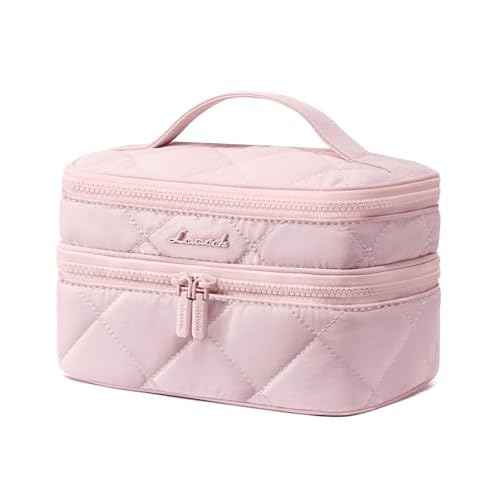 LOVEVOOK Travel Makeup Bag,Large Open Flat Tolietry Bag for Women,Waterproof Portable Cosmetic Pouch,Double Layer Quilted Makeup Bag Organizer With Handle,Travel Essentials,Gift for Her