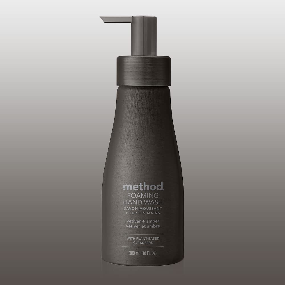 Method Premium Foaming Hand Wash, Vetiver + Amber, Reusable Black Aluminum Bottle, 10 fl oz (Pack of 3)