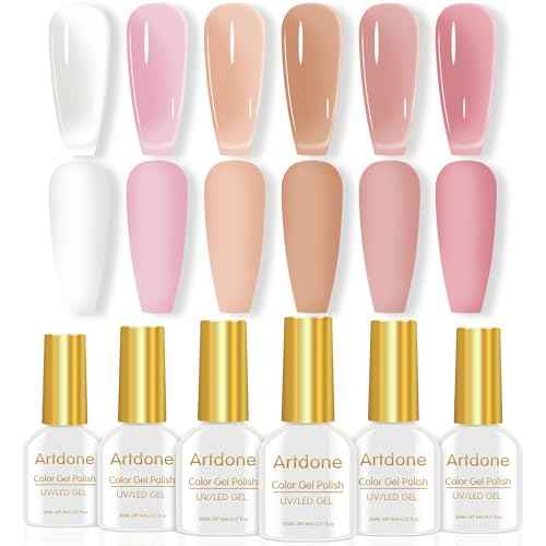 Artdone Sheer Gel Nail Polish Set Jelly UV Gel 6 Colors Translucent Milky White Pink Nude Brown Colors Nail Polish For All Seasons Neutral Soak off LED Lamp Gel Manicure Kit For Nail Art