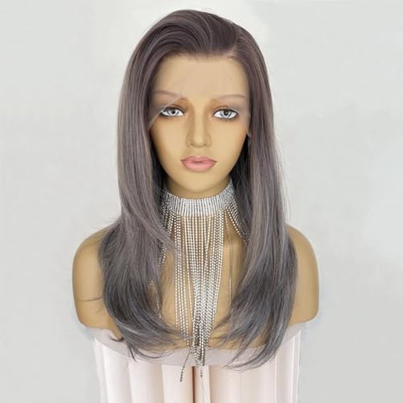 Ash Gray Brown Wig Highlight Dark Grey Color 13x4 Lace Front Wigs Layered Style Wavy Synthetic Fiber Hair 18Inch Pre Plucked for Women