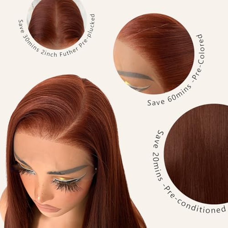 BlackSwern 13x6 HD Glueless Lace Frontal Wigs Pre-Plucked, 200 Density Ginger Similar Human Hair Synthetic Long Straight Lace Front Wig Ready to Wear, 26inch #Reddish Brown