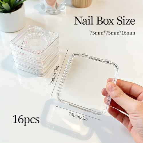 16 PCS Clear Press on Nail Packaging Press on Nail Case for Fake Storage Display Salon Nails Nails Container Boxes with 60 PCS Adhesive Double