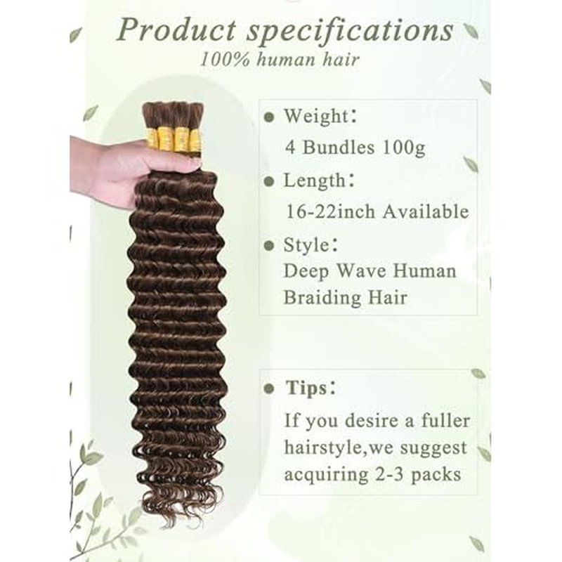 Chocolate Brown Human Braiding Hair 18 Inch 100 g 4 Bundles Deep Wave Bulk Human Hair for Braiding 10A Curly Human Hair Extensions for Boho Braids Wet and Wavy Color 4