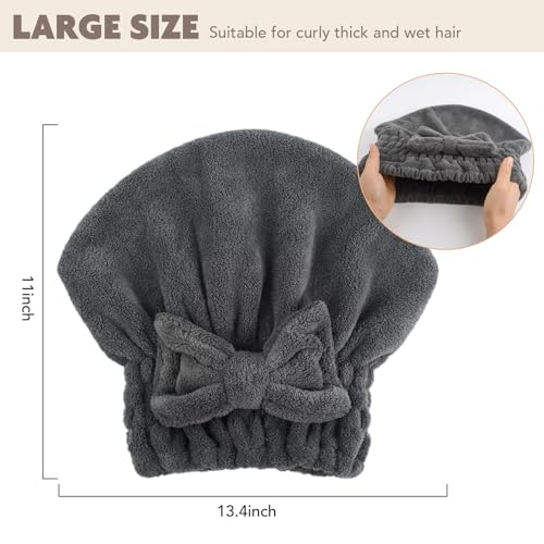 SUNLAND Large Microfiber Hair Drying Caps with Bow knot Fast Drying Shower Cap Soft and Absorbent hairWrap Hair Turban Bath Caps for Curly Thick and wet Hair 11 X 13.4 inch 2 Pack Dgrey