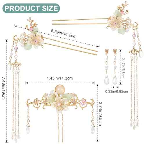 5PCS Orchid Flower Tassels Hairpin, Crystal Rhinestone Pearl Hair Clips Headpiece Retro Chinese Hanfu Floral Wedding Brides Hair Accessories Jewelry for Women Girls Updo Long Hair
