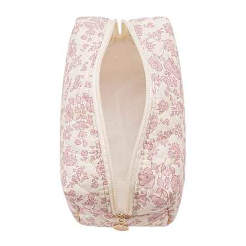 Gleyemor Small Quilted Makeup Bag for Women, Cute Floral Bow Cosmetic Bag, Emergency Bag Travel Toiletry Cotton Pouch Gifts for Girls Her Mom Friend Sister Bridesmaid (Pink Flower)