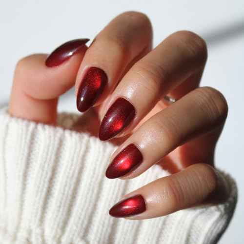 Glamnetic Press On Nails - Frosted Cranberry | Short Almond Fake Nails in Deep Red with Jelly Finish, Salon Quality Holiday Nails | 15 Sizes - 30 Nail Kit with Glue