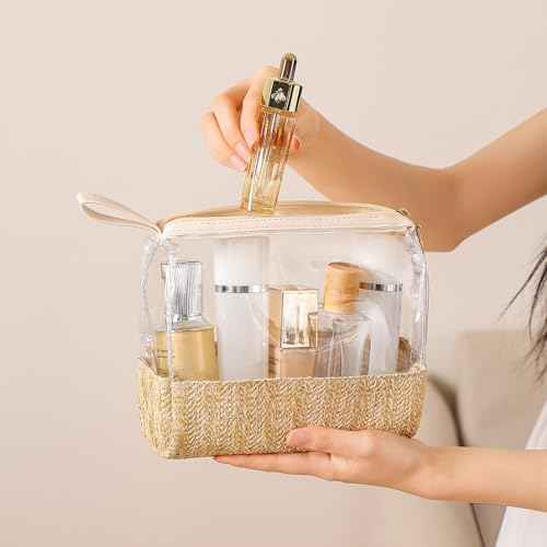 Boho Small Clear PVC Waterproof Makeup Bag with handle, Transparent Zipper Cosmetic Bag for Travel, Beach Bag for Sun screen Skincare (02 Beige-1)