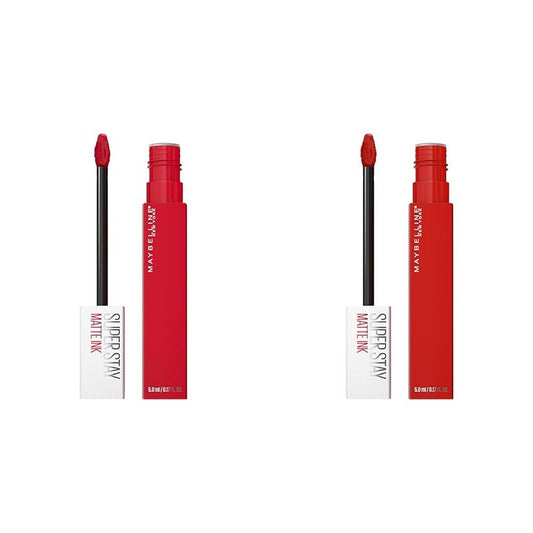 MAYBELLINE Super Stay Matte Ink Liquid Lipstick Makeup Long Lasting High Impact Color Up to 16H Wear Shot Caller Bright Pinky Red & Innovator Cardinal Red