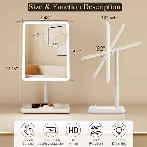 FUNTOUCH Vanity Mirror with Lights, Rechargeable Makeup Mirror with Lights,Smart Touch with 3-Color Lighting, Dimmable, Detachable 10X Magnification for Vanity Desk Tabletop,White