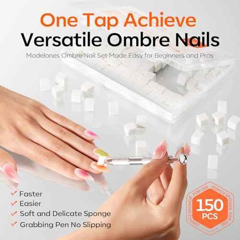 Modelones 150pcs Nail Sponges for Ombre, Nail Art Sponge with Grabbing Pen Reusable Soft Sponges for Gradient Ombre Blush Chrome Design Effects Professional Nail Stuff Supplies DIY