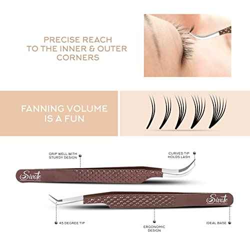 SIVOTE Lash Extension Tweezers Fiber Tips, Set of 4, Curved, Dolphin, 90 Degree & 45 Degree Tweezer, Chocolate