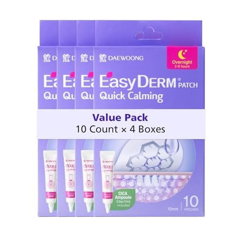 EasyDerm Quick Calming Magnesium Patches ? 40 Patches (4 Pack), Hydrocolloid Acne Spot Treatment with Tea Tree & Cica, Bulk Value Pack for Acne-Prone Skin, Ideal for Home Skincare