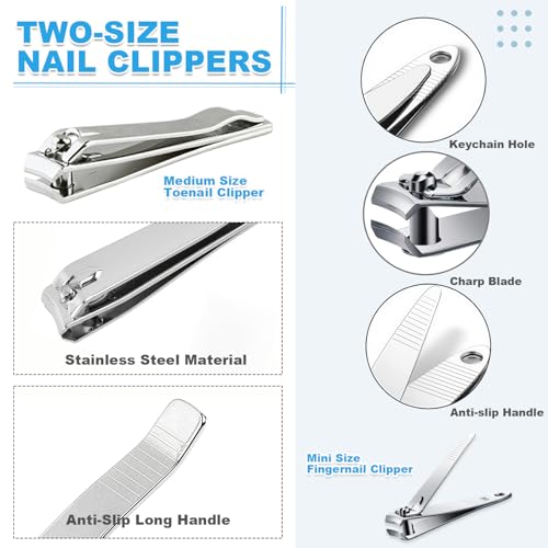 20-Pack Stainless Steel Fingernail & Toenail Nail Clippers Bulk Set - 12 Small + 8 Medium Size with Storage Pouch, Manicure Kit for Men/Women Travel, Gifts, Homeless Care Supplies