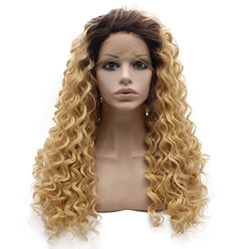 MX angel Long Dark Roots Blonde Curly Lace Front Synthetic Wig Heat Resistant Fiber Hair Natural Wig