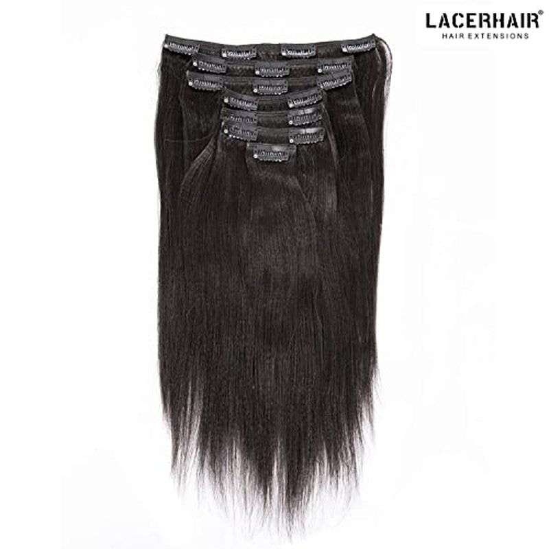 Lacer Light Yaki Straight Clip in Hair Extensions, Natural Black Color Remy Human Hair Clip in Extensions for Black Women Relaxed Hair 120G 7Pieces 12 inch