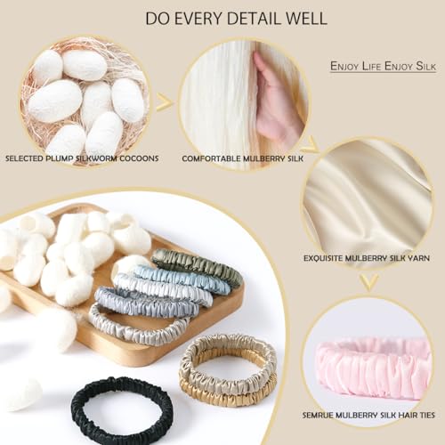22 Momme 100% Pure Mulberry Silk Scrunchies (4 PCS) - Small Hair Elastics and Ties for Women, Sleep Hair Care, No Damage, Black