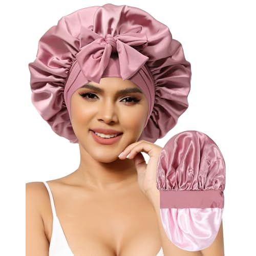 Satin Bonnet for Women Silk Bonnets for Sleeping Curly Hair Bonnet with Elastic Tie Band Reversible Double Layer Sleep Cap Hair Wrap (Bean Paste + Pink)