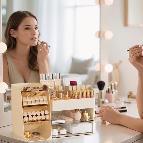 Makeup Organizer with 2 M Drawers & Brush Holders - Cosmetic Storage Case for Vanity, Bathroom Countertop & Desk - Skincare & Office Supplies Organizer (Cream, M)