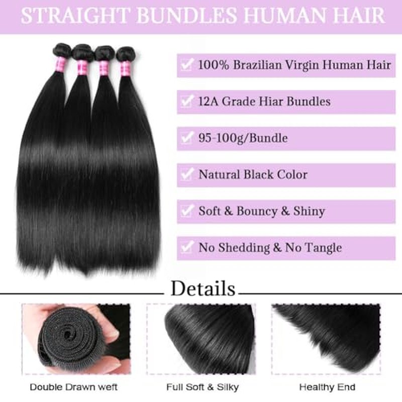 Beautymoon Human Hair Bundles Straight 10 12 14 Inch 3 Bundles Human Hair 100% Unprocessed Brazilian Virgin Straight Hair Bundles Weave Remy Human Hair Extensions Natural Black Color