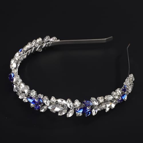 Blue and Silver Rhinestone Headband Crystal Rhinestone Hairband Silver Wedding Hair Accessories Teardrop Rhinestone Wedding Headband for Women