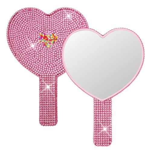 Bling Rhinestone Heart Hand Mirror Pink, Large 7.1x5.1 inch HD Handheld Mirror, Sparkling Cosmetic Vanity Mirror, Lash Mirror Tool for Women Teen Girls Gift