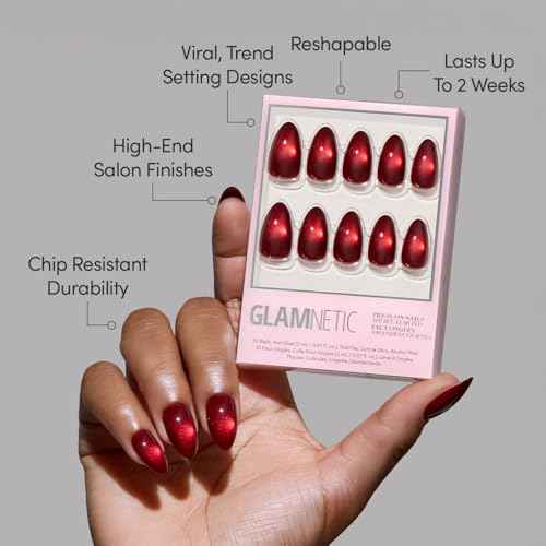 Glamnetic Press On Nails - Frosted Cranberry | Short Almond Fake Nails in Deep Red with Jelly Finish, Salon Quality Holiday Nails | 15 Sizes - 30 Nail Kit with Glue