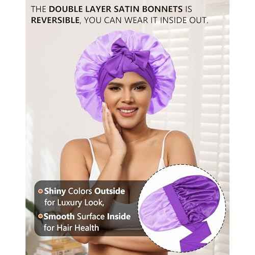 Satin Bonnet for Women Silk Bonnets for Sleeping Curly Hair Bonnet with Elastic Tie Band Reversible Double Layer Sleep Cap Hair Wrap (Purple)