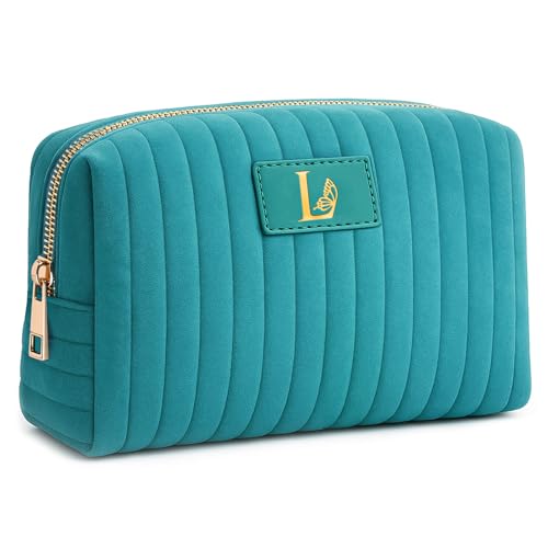 Monogrammed Make Up Bags for Women,Personalized Cosmetic Bags Women,Small Quilted Makeup Pouch,Cute Makeup Bag Travel,Birthday Gifts for Teen Girl (Blue L)