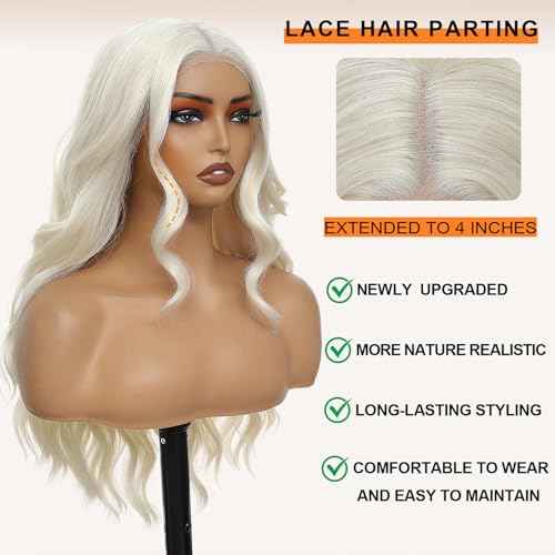 Platinum Blonde Wig for Women, 4x1 Lace Hairline Long Wavy Middle Part Heat Resistant Synthetic Wigs for Daily Party - 24 Inch