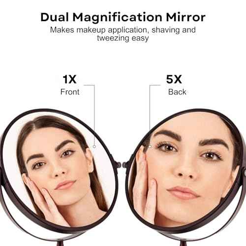 OVENTE 7'' Tabletop Makeup Mirror with 1X/5X Magnification, 360¡Æ Swivel Design and Double-Sided Free-Standing Vanity Mirror Perfect for Dresser, Bedroom and Office Desk, Antique Bronze MNLDT70ABZ1X5X