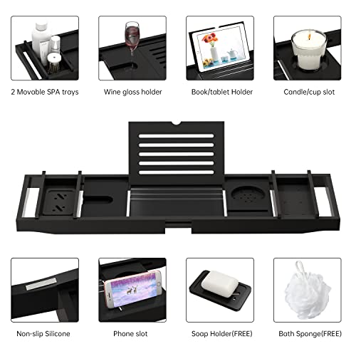 Bamboo Bathtub Tray for Luxury Bathroom, Expandable Premium Bath Tray w/Soap Towel Book Holder, Adjustable Bath Accessories for Tub,Extendable Tub Tray with Wine Glass Cup Organizer 29.5"-43.3" Black