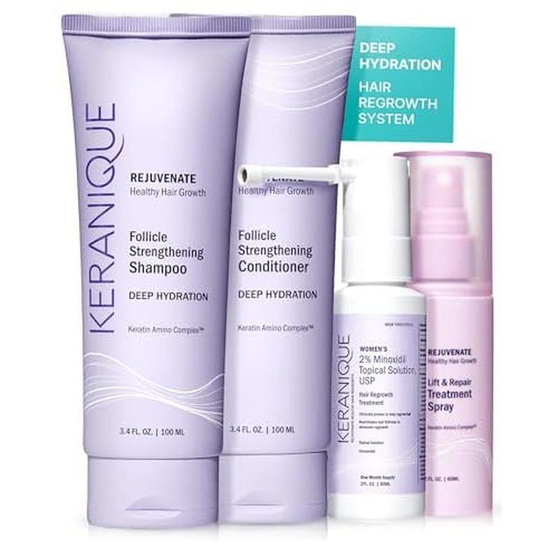 Keranique Hair Growth Treatment for Women - Minoxidil Regrowth System with Hydrating Shampoo, Conditioner, Volumizing Spray, and Hair Loss Treatment