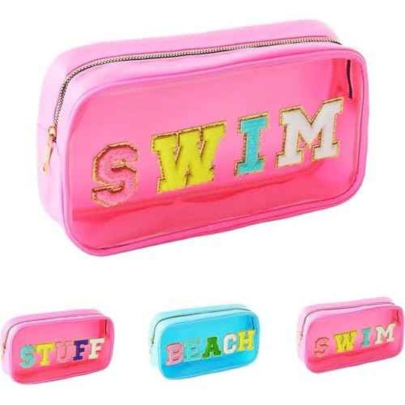 Swim Chenille Letter Makeup Bag,Waterproof Cute Women Clear Cosmetic Bags Sunscreen Organizer for Beach Pool Swimming Team Swimmers,Travel Toiletry SPF Zipper Pouches for Teen Girls (PINK-SWIM)