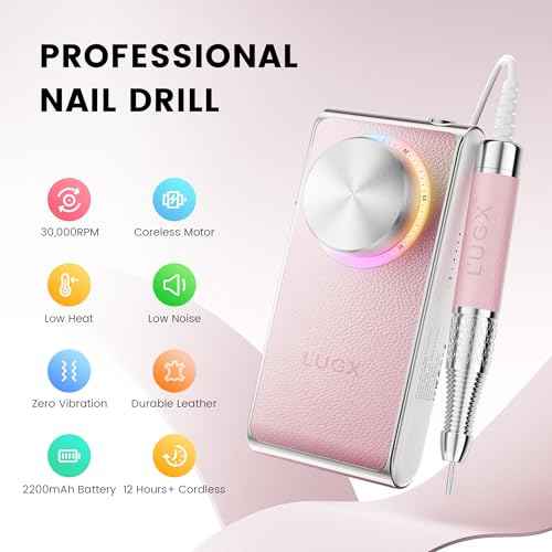 L'UGX Professional Nail Drill 30000RPM, Cordless Rechargeable Electric Nail File for Acrylic Nails Gel Polishing, Efile Nail Kit for Manicure Pedicure, Low Noise Low Vibration, 7Pcs Drill Bits, Pink