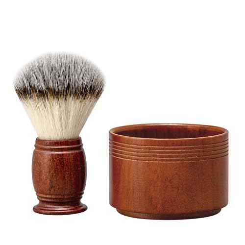Shaving Brush Set Synthetic Hair Shaving Brush with Solid Wood Handle and Wooden Shaving Soap Bowl for Men Easy to Lather Fits Wet Shaving 30mm Knots