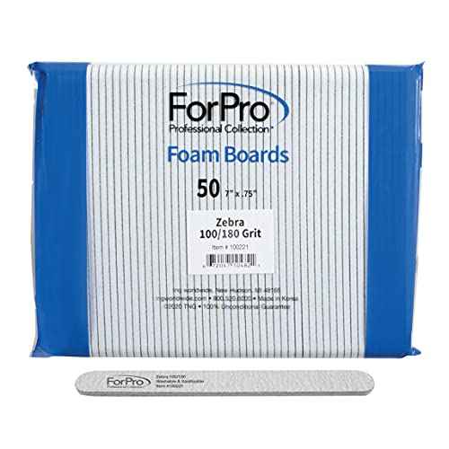 ForPro Professional Collection Zebra Foam Board, 100/180 Grit, Double-Sided Manicure Nail File, 7" L x .75" W 50-Count