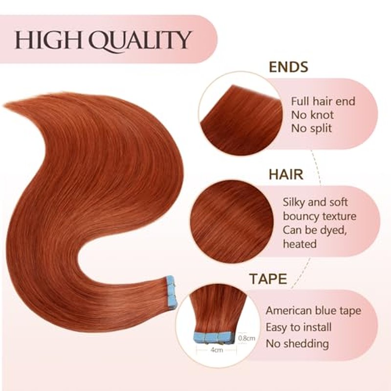 Tape in Extensions Human Hair #350 Copper 22 inches 20pcs 50g/pack Straight Seamless Weft Skin Invisible Thick Tape in Hair Extensions Real Human Hair(22 inches #350 Copper)