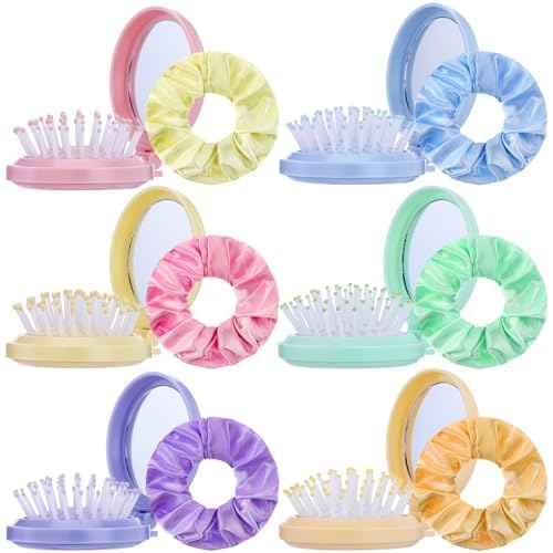 12 Pcs Mini Hair Brush with Mirror and Scrunchies Portable Travel Hairbrush Compact Folding Brush Pastel Satin Hair Scrunchies for Girls Women Girls Trip Favors Gifts