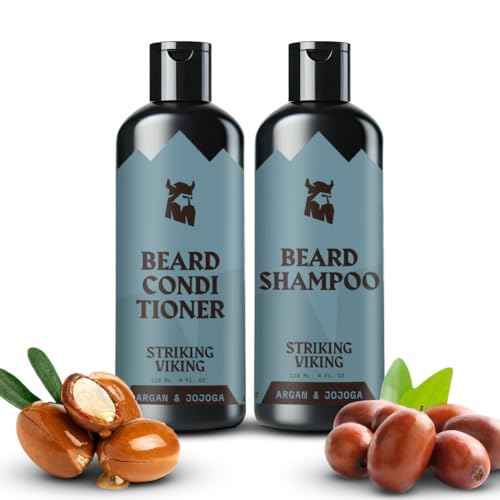 Striking Viking Beard Shampoo and Conditioner Set ? 4 Fl Oz Each, Fresh Masculine Scent - Beard Wash and Conditioner for Men - Cleanses & Softens, with Argan & Jojoba Oil - Sulfate & Paraben Free
