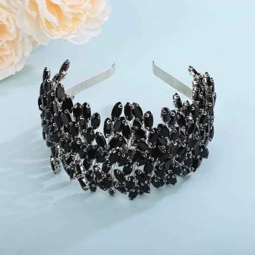 Sither Bridal Crystal Headband for Wedding Party Large Black Crystal Hair Band Headpiece Hair Accessories for Bride Hair Clips for Prom Party Gift(black)
