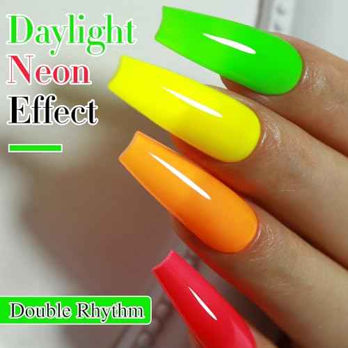 Double Rhythm Gel Nail Polish Set of 6 Colors Baby Light Pastel Milky Nail Polish Starter Kit Art DIY Salon Home (Neon Yellow Green Orange Blue Purple Pink,Kit 34)