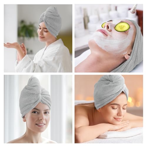 2 Pack Microfiber Hair Towel Wrap for Women Super Absorbent Quick Dry Hair Turban for Drying Curly, Long & Thick Hair 10 inch X 26 inch Lightgrey+Lightgrey