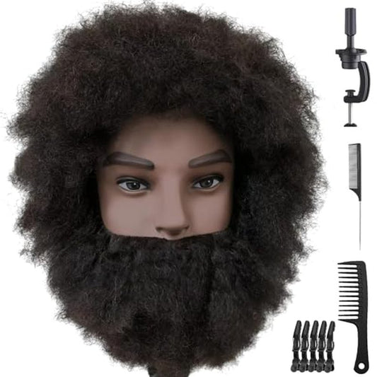 8"Afro Male Mannequin Head with Beard 100% Human Hair Curly Hair 4A Type for Hairdresser Training Head Cosmetology Afro Hair Manikin Head for Practice Styling Cornrow Braiding with Clamp Stand